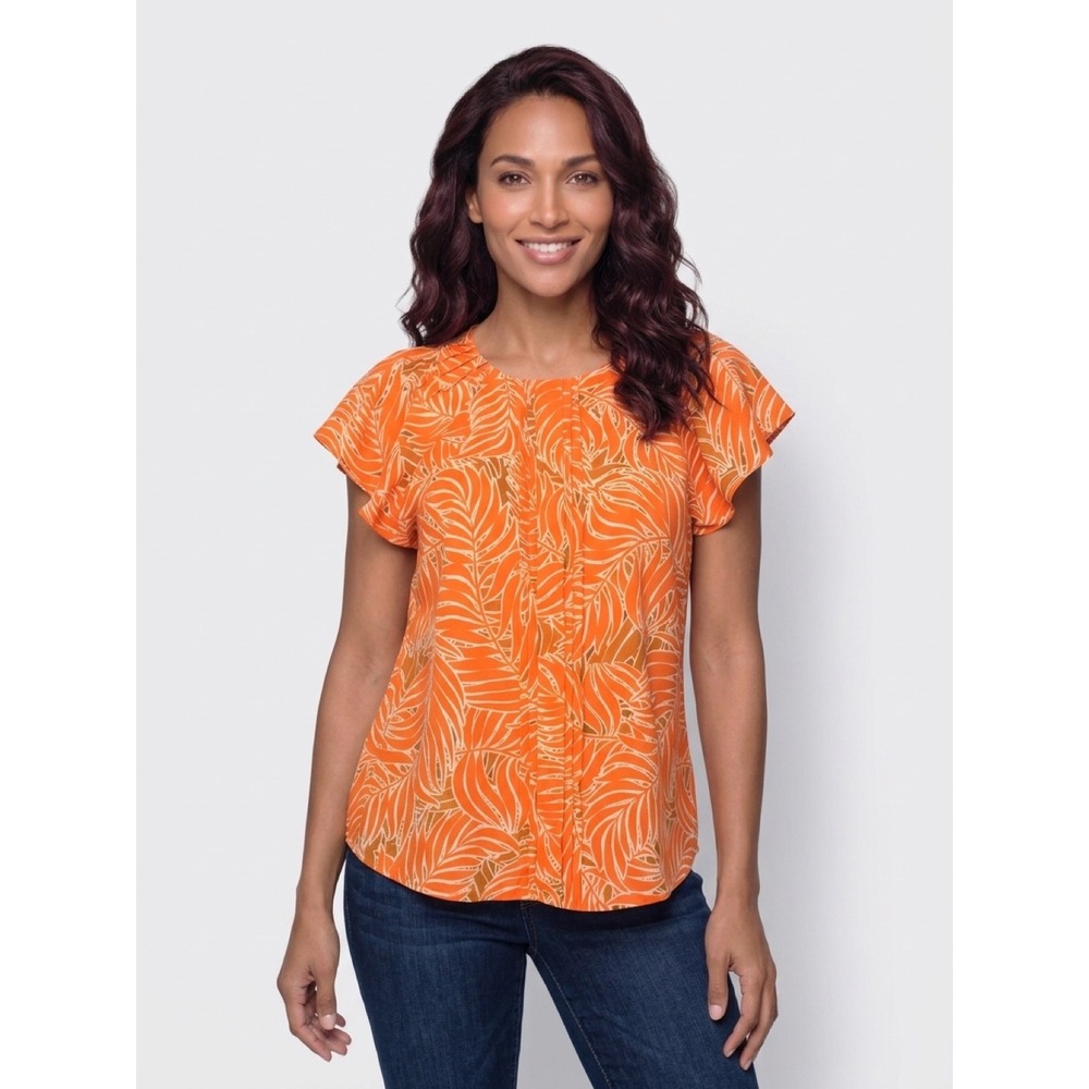 Worthington Blouse Women PXS Orange‎ Flutter Sleeve Tropical Pleated Palm Print